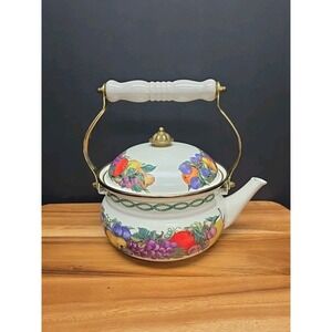 Vintage Lincoware Enamel Tea Kettle CORNUCOPIA Fruit Farmhouse Kitchen